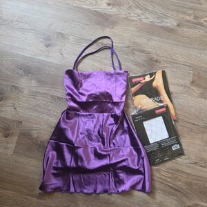 SHEIN Purple Satin Dress With Pink Stockings